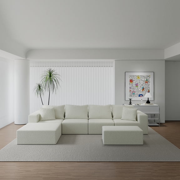 Modular Sectional Sofa Light Beige 4-Seat with Ottoman and Oversized Chaise | Cloud-inspired comfort, stain-resistant velvet, pet friendly—perfect for modern living rooms