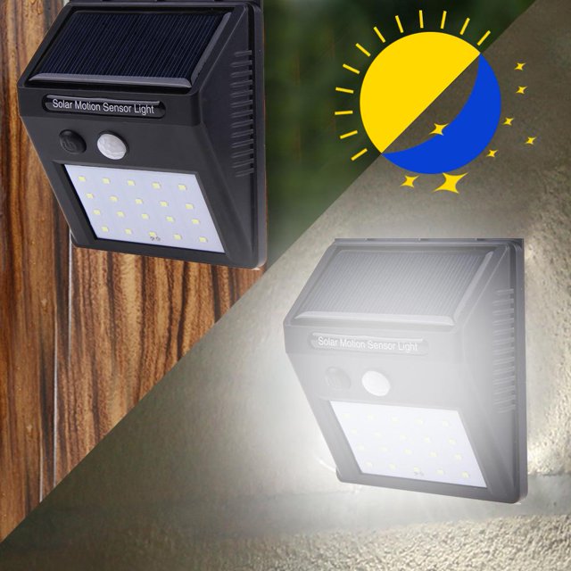 lámpara lámpara de jardín impermeable para exteriores con sensor de movimiento solar de 20 led frontal, unidad de pared compacta con panel solar superior, placa con 20 LED y sensor PIR circular en carcasa negra ABS/PC; montaje con dos tornillos, muestra modo diurno sin brillo y nocturno iluminado, ideal para porches y pasillos y a menudo usada para iluminar entradas peatonales al garaje.