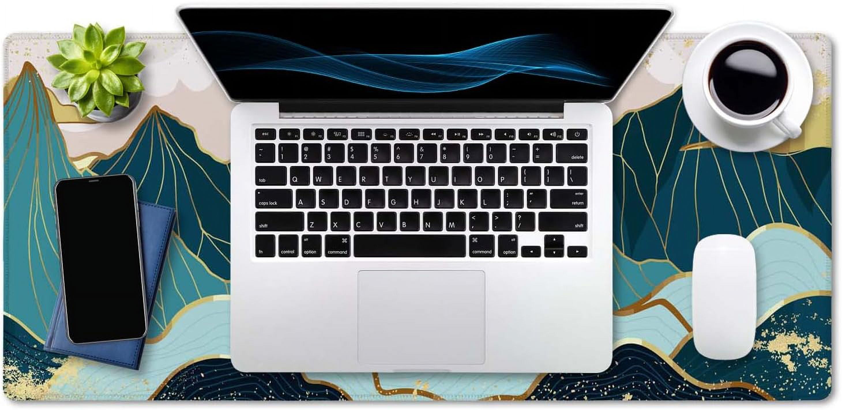 Gold Mountain with Landscape Line Arts Mouse Pad 35.4 x 15.7 Inch XXL Full Desk Mousepad Extended Large Non-Slip Rubber Base Waterproof Big Keyboard Mat with Stitched Edges for Gaming and Office