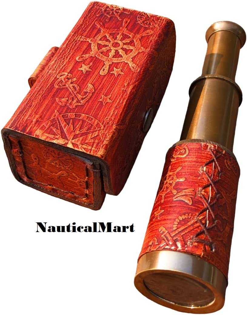 Nautical Brass Spyglass Telescope with Box, Brass Pirate Telescope, Spyglass Collapsible Monocular Decorative Telescope with Glass Optics for Kids Travellers Adventure Enthusiasts Collectible 6''