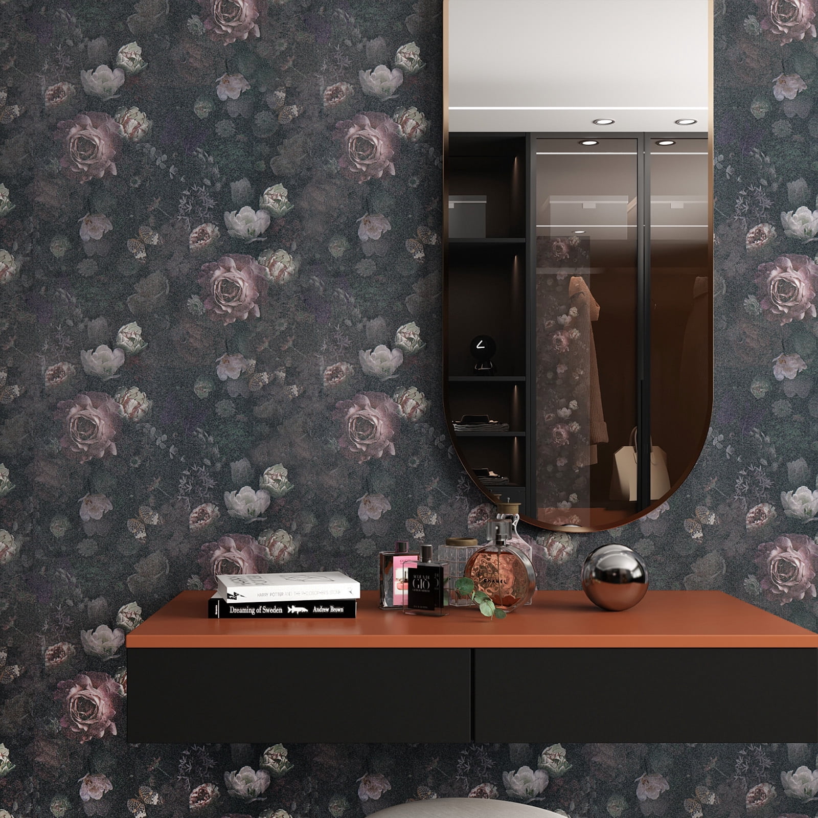 VEELIKE Vintage Dark Floral Peel and Stick Wallpaper 17.7''x354'' Butterflies Peonies Floral Wallpaper Mural Removable Self Adhesive Decorative Black Floral Contact Paper for Bedroom Bathroom Walls