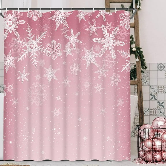 Christmas Shower Curtain Winter Snowflake Shower Curtains with 12 Hooks Pink Xmas Holiday Shower Curtains for Bathroom Waterproof Fabric Shower Curtain