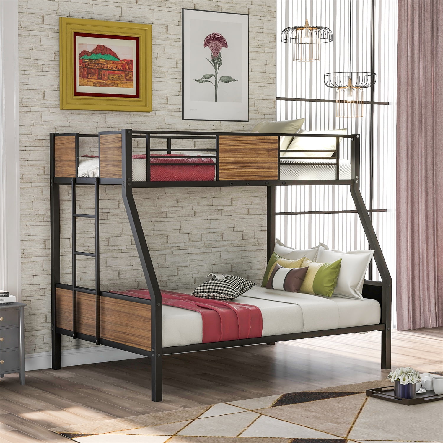 TwinOverFull Bunk Bed, Modern Steel Bed Frame With FullLength Safety