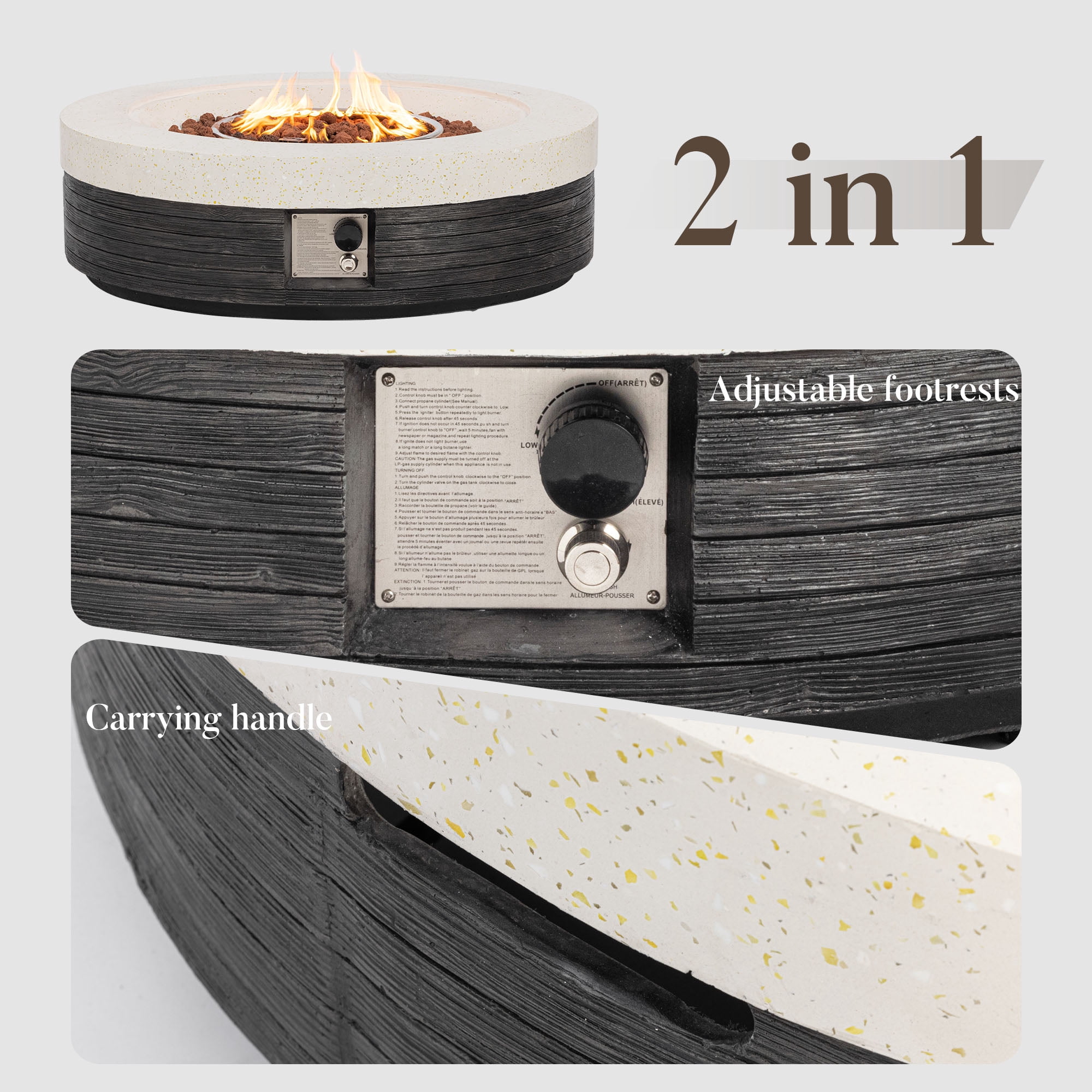 VENTOPYR 41" Round Dual-Texture Concrete Fire Pit Table with Cover & Lava Rocks​​