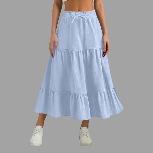 TaTaai Women's Casual Loose Comfy Elastic Waist Pleated Solid Long Skirt Fashion Flowy A-Line Swing Maxi Skirt for Women Daily Wear Gift