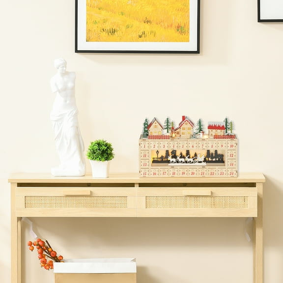 HOMCOM Advent Calendar with 24 Drawers Countdown to Christmas, Lighted Wood-Effect Advent Calendar, Battery Operated for Holiday Decoration