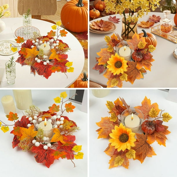 Corona de Hojas de Arce Artificiales con Calabaza y Bayas, 35 Cm, Decoración de Mesa Otoñal para Acción de Gracias, Ideal para Velas, Centro de Mesa para El Festival de La Cosecha, Decoración Otoñal