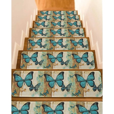 Retro Teal Butterfly Stair Treads for Wooden Steps Indoor Runner Rug Carpet Summer Butterflies Vintage 15 Pieces Peel and Stick Staircase Step Treads Covers Washable Throw Door Mats 30 x8