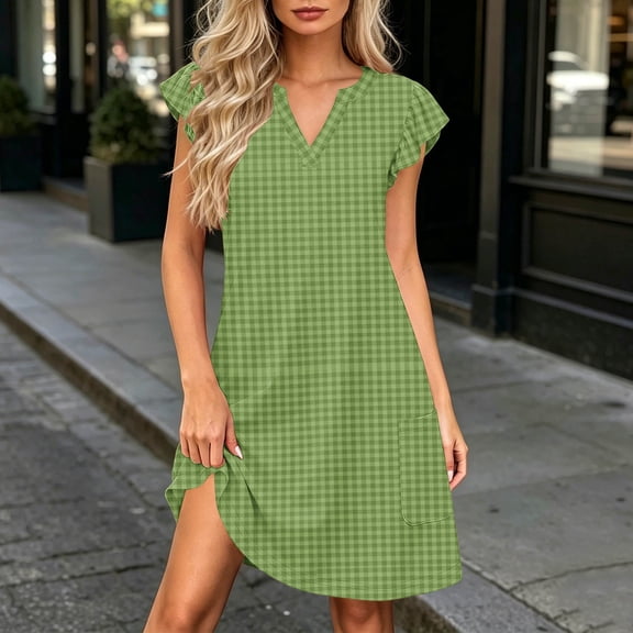 Aimik Womens V Neck Ruffle Sleeve Shift Dress Loose Fit Flowy Mini Casual Dresses with Pockets for Summer Beach Travel