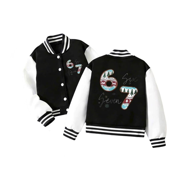 OOOUM Kids Christmas Theme Varsity Jacket Striped Collar Button Down Bomber Jacket Graphic Streetwear Baseball Jacket Black 5-6 Years