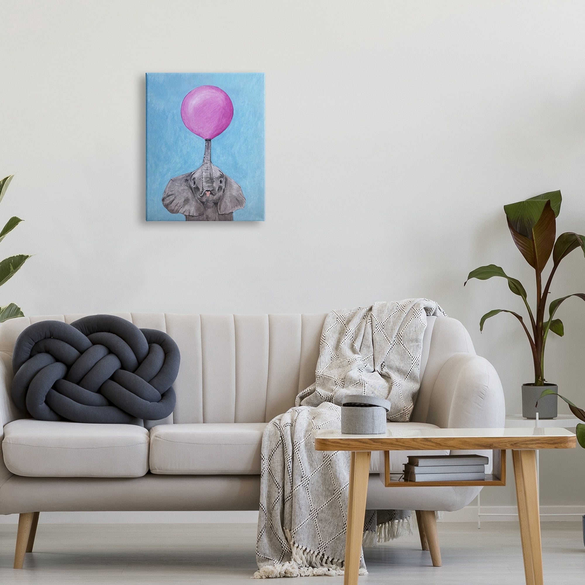 Stupell Industries Cute Elephant Blowing Pink Balloon Animal Portrait Kids Painting Gallery-Wrapped Canvas Print Wall Art, 30 x 40, Design by Coco de Paris