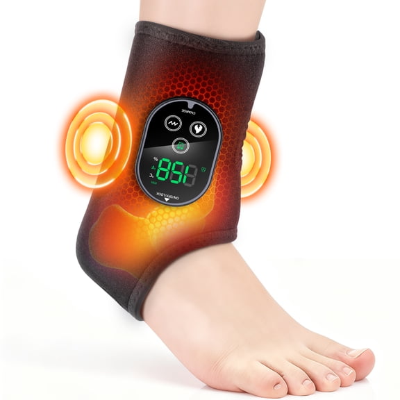 Cordless Foot Ankle Massager, Ankle Heating Pad Wrap with Massage for Feet, Heated Ankle Brace Wrap, 3000mAh Rechargeable, 6 Levels Heat & 3 Vibration, Adjustable Timer, Black