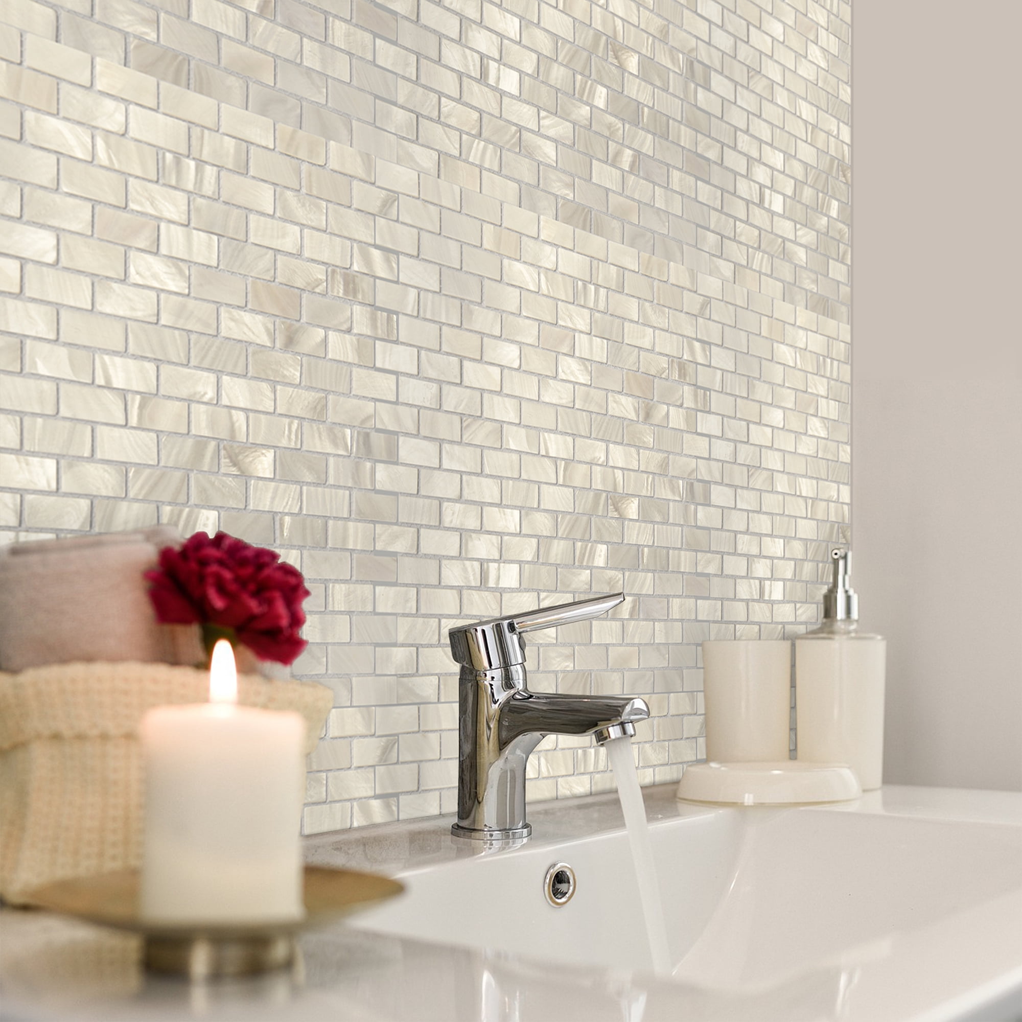 Art3d (10-Pack) 12"x 12" Mother of Pearl Backsplash Tile with Seams White Opal Subway for Kitchen