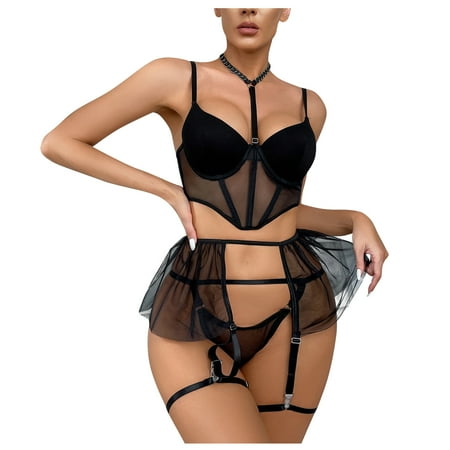 

Qcmgmg Women Bodysuit Mesh Cami Bra and Panty Set with Garter Halter Lingerie Set