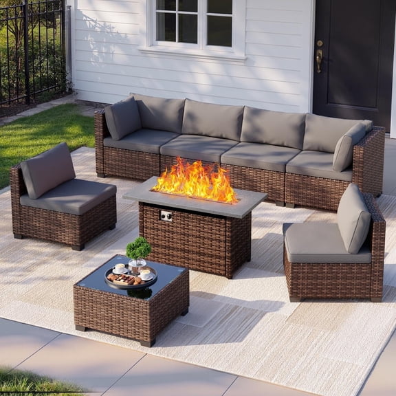 Noelse 8 Piece Outdoor Patio Furniture Set with 45" Propane Gas Fire Pit Table, Outdoor Sectional Conversation Set Wicker Rattan Sofa Set with Coffee Table, Gray