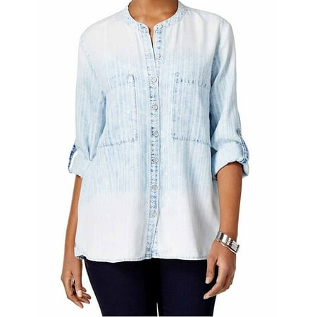 - VINTAGE AMERICA BLUES Womens Light Blue Pocketed Printed Cuffed Jewel Neck Top Size: L