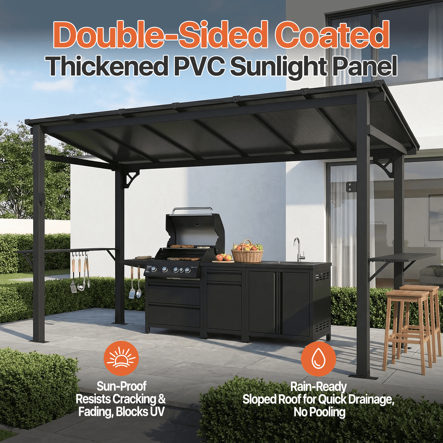 Clouddwell 12'x5.5' Permanent Metal Gazebo,Outdoor BBQ Canopy with Polycarbonate Panel & Sloping Steel Roof, Grill Shelter with 2 Side Shelves and Hooks for Patio, Backyard, Deck