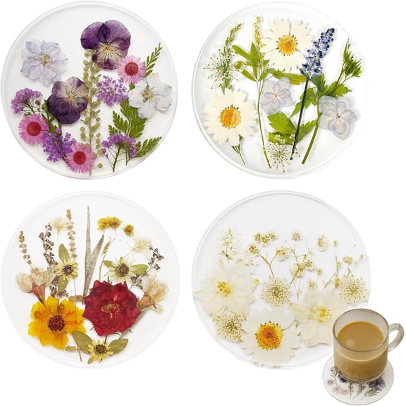 4 Pcs Pressed Flower Coasters Tutuviw Handmade Natural Flowers Resin Coasters Clear Round Outdoor Coasters for Wedding Birthday Home Table Decor Wildflowers Art