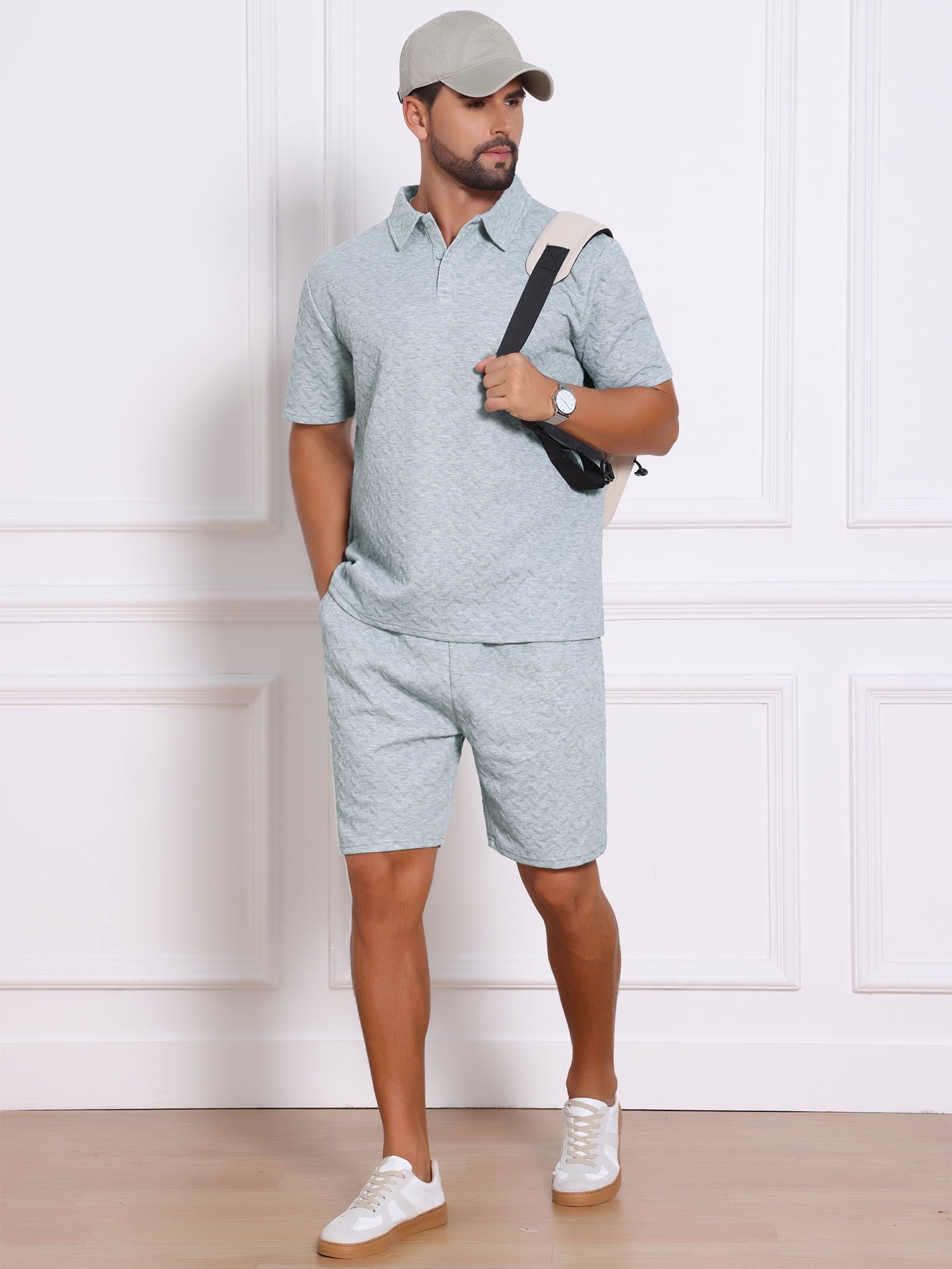 DARING DIVA Men's 2 Pieces Jacquard Polo Shirt & Drawstring Shorts Outfits XL Gray