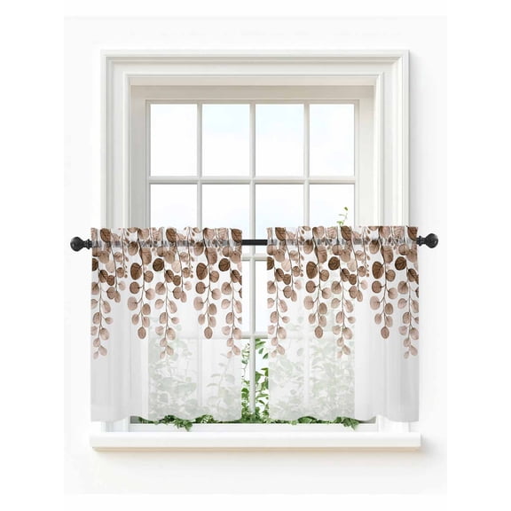 Brown Eucalyptus Leaves Tier Curtains 36 Inch Length,Sheer Curtains for Bedroom Living Room Window Watercolor Floral Leaf Plants Small Half Window Kitchen Curtains & Drapes 27.5"x36" 2 Panels