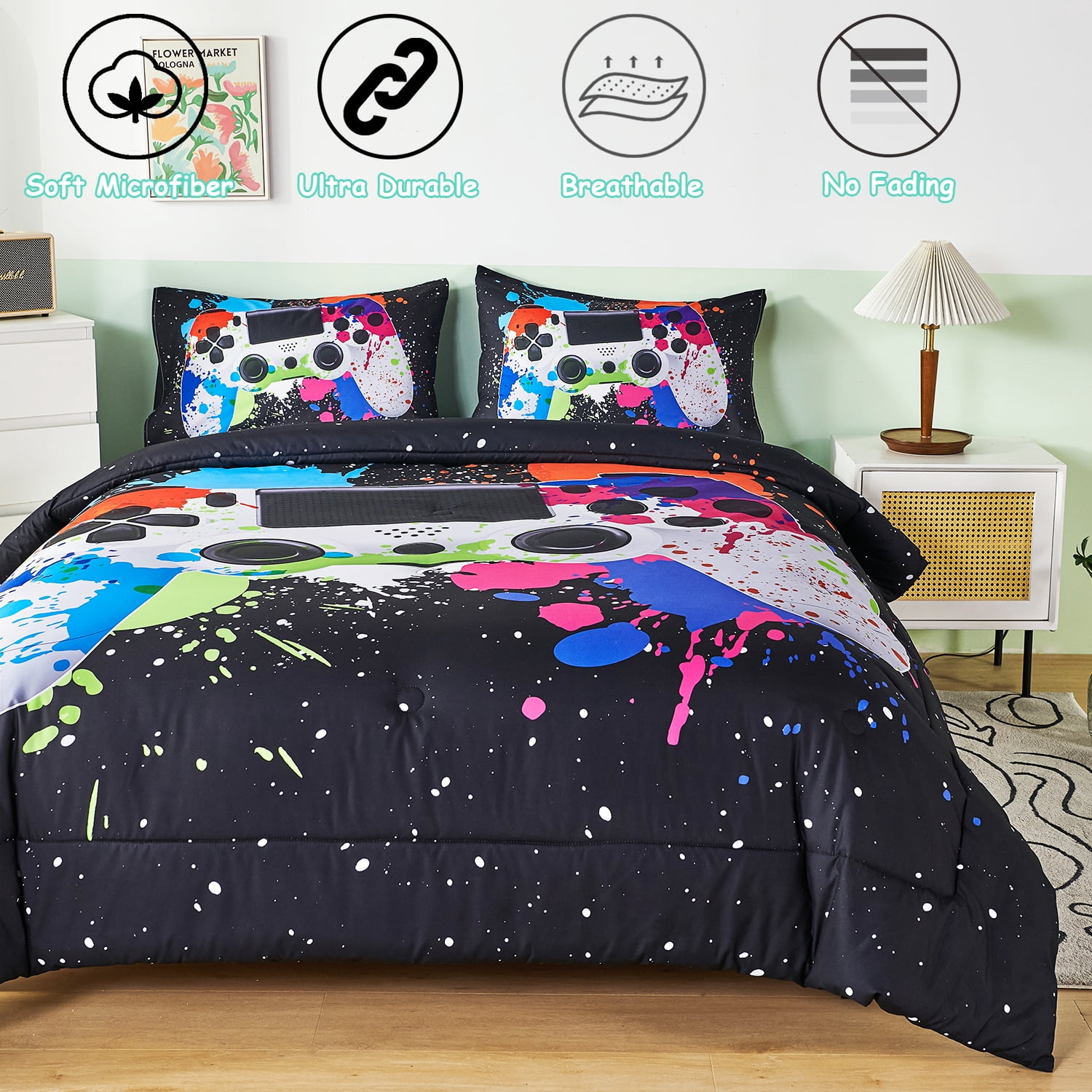 PERFEMET Full Size Boys Comforter Set 3Pcs Gaming Bedding Set for Men Kids Teens Colorful Game Console Button Print Quilt Set-for All Seasons (Colorful, Full)