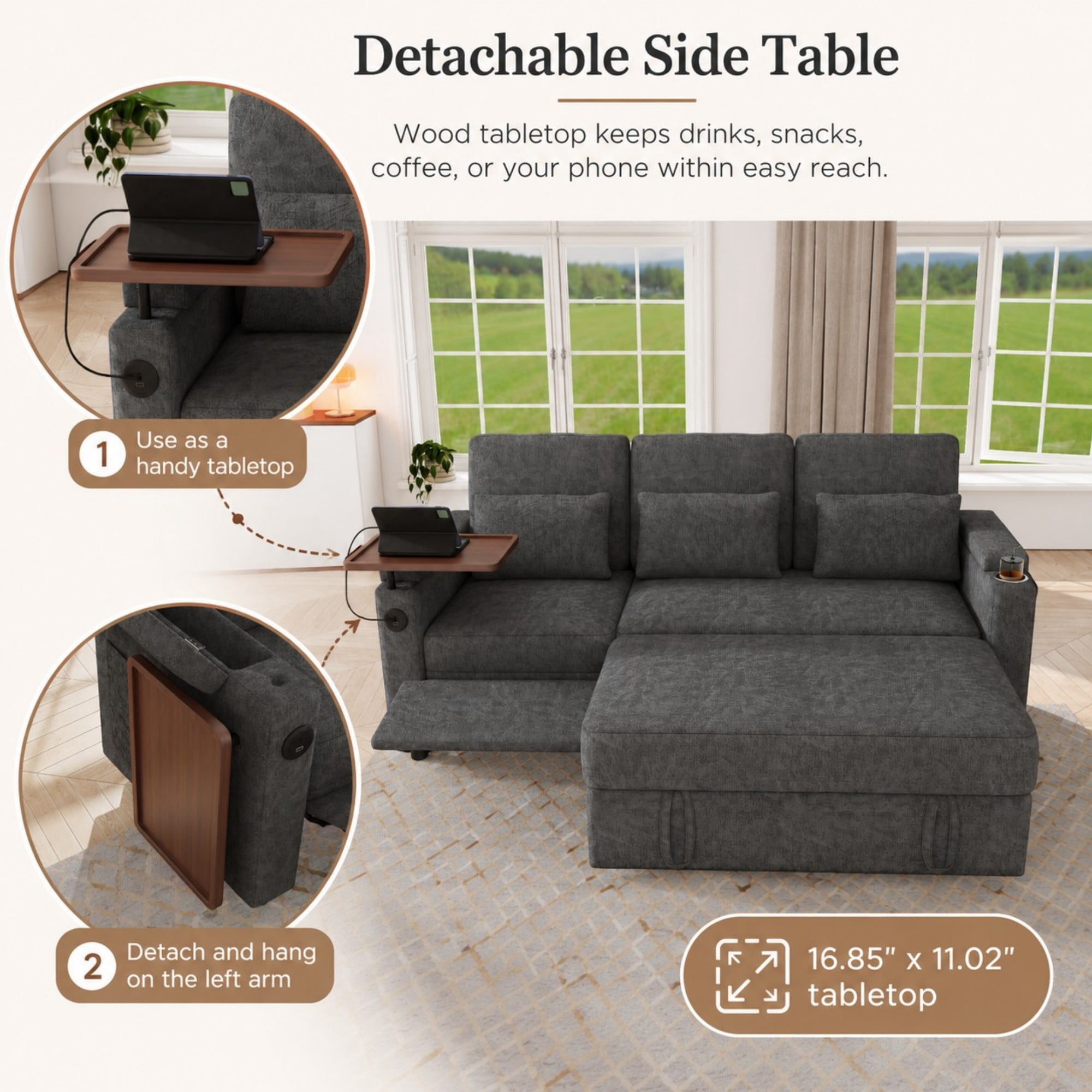 DEALTOPS 81" Chenille Pull-Out Sleeper Sofa Bed with Recliner, Tray Table, USB Ports & Storage, Dark Gray