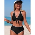 thumbnail image 5 of VISALY Women's Bikini Sets V Neck Halter Tankini Bathing Suits High Waisted Swimsuits Knot Front Triangle Top with Shorts Two Piece Swimsuit Knot Front Back Bathing Suit Swimwears Black Xl, 5 of 7