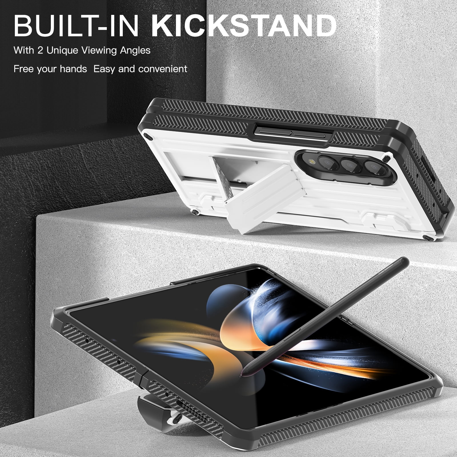 TECH CIRC Case for Samsung Galaxy Z Fold 4 Compatible with MagSafe, Heavy Duty Rugged PC Shockproof Hinge Protection Cover with Hidden Bracket Screen Protector S Pen Holder Galaxy Z Fold 4 Case,White