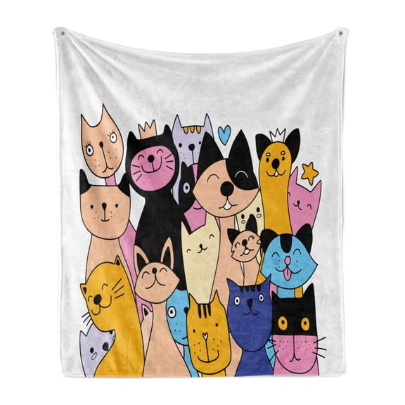 Pets Soft Flannel Fleece Throw Blanket, Cat Puppy Cartoon Doodle Nursery Theme Pattern, Cozy Plush for Indoor and Outdoor Use, 50" x 60", Multicolor, by Ambesonne
