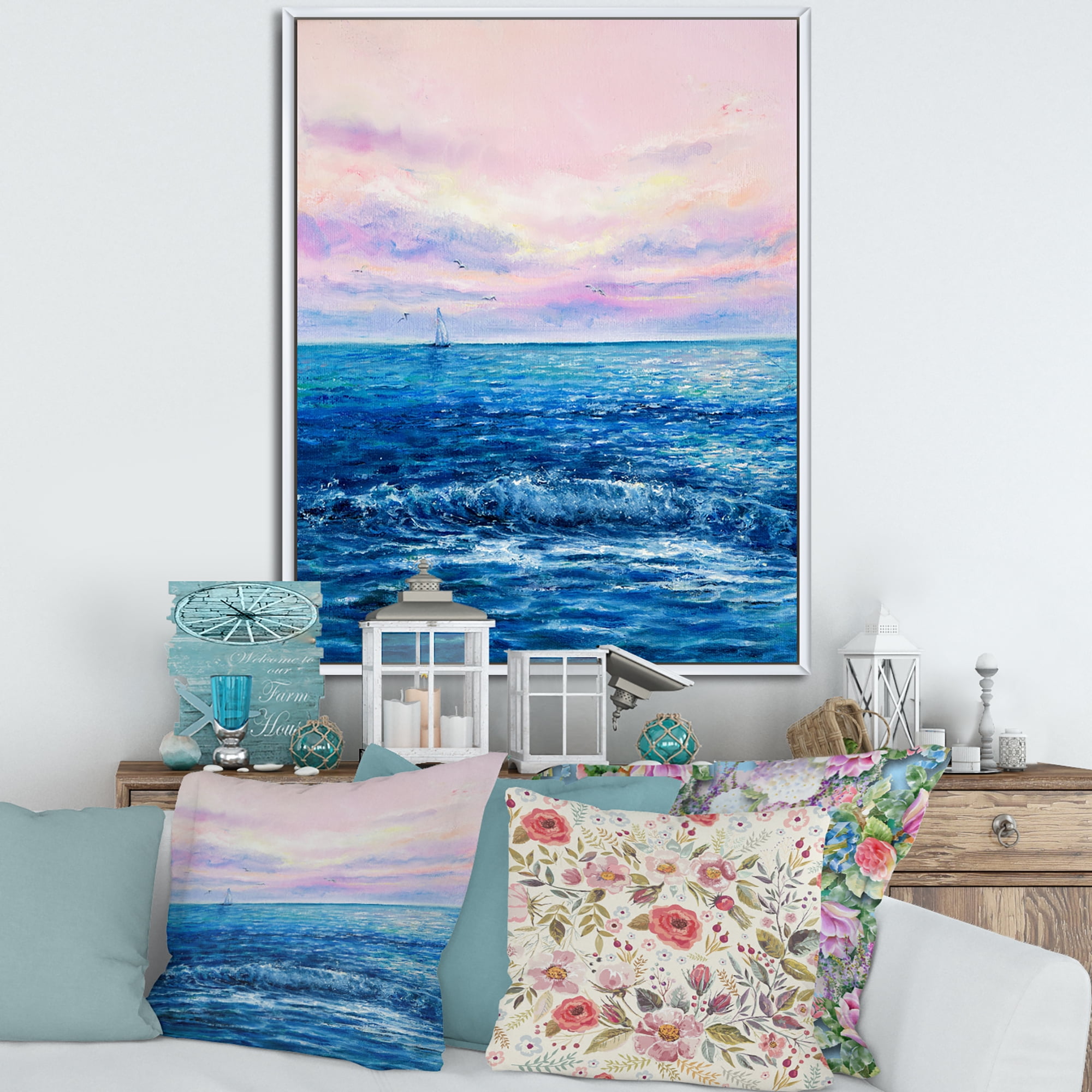 Sunrise Glow On The Ocean Waves II 24 in x 32 in Framed Painting Canvas Art Print, by Designart