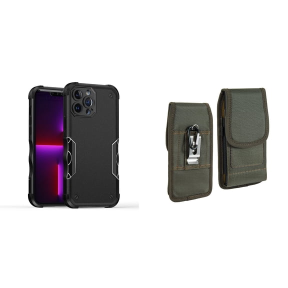 Case with Belt Holster Bundle for iPhone 14 Pro Max: Slim EX Hybrid Series Shockproof Case (Black) and Vertical Rugged Nylon Phone Pouch (Midnight Green)