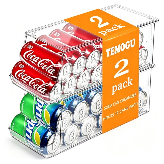 2 Pack Soda Can Organizer for Refrigerator Stackable Can Holder Dispenser with Lid for Fridge Rack Freezer, Clear Storage Bins-Holds 12 Cans Each (Clear)