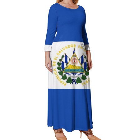 Myst Design Oversized Women's Long Sleeve Dresses, Official Flag El Salvador Long Plus Size Dress, Loose Fit Casual Maxi Dresses with Pockets, XL