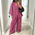 thumbnail image 2 of Womens Cotton Linen Sets 2 Piece Oversized V-neck Loose Top and Wide Leg Pants Sets Casual Vacation Outfits Hot Pink M, 2 of 6