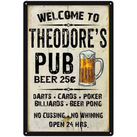 THEODORE'S Pub Sign Vintage Man Cave Bar 8 x 12 High Gloss Metal 208120028151