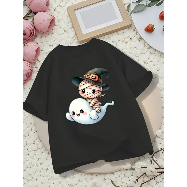 Halloween T-shirt - Kids' Halloween T-Shirt - Cute Mummy & Ghost Graphic Tee, Soft orange Shirt for Boys & Girls, Casual Round Neck Top, Halloween Clothes, Kids Casual Wear, Playful Kids Desi