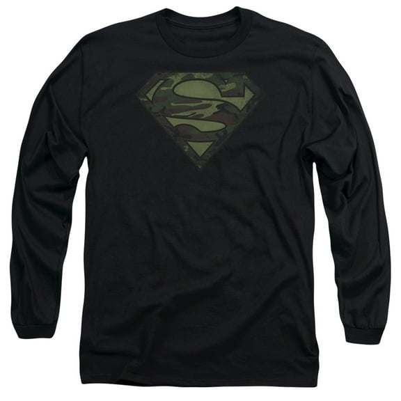 Superman Camo Logo Distressed Long Sleeve Adult 18/1 T-Shirt Black
