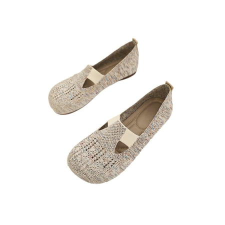 

Sanviglor Womens Ballet Flat Knit Upper Walking Shoe Slip On Flats Daily Hollow Out Fashion Casual Shoes Non-slip Closed Toe Beige 5