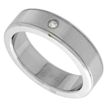 Surgical Steel Cubic Zirconia Grooved Ring 6mm Wedding Band Bull Nosed Edges, sizes 8 - 14