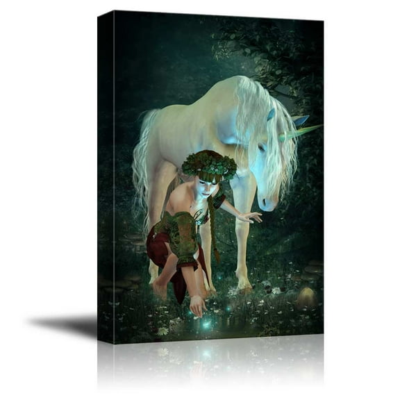 wall26 Canvas Prints Wall Art - A Girl and a Unicorn Watching Fireflies at a Pond | Modern Wall Decor/Home Decoration Stretched Gallery Canvas Wrap Giclee Print. Ready to Hang -24" x 36"