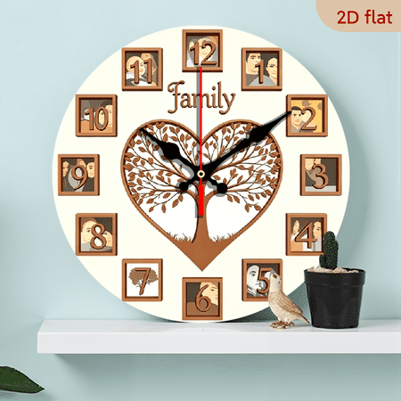 A 10-inch 2D flat wooden round wall clock, themed Family Tree Photo Frame. Suitable for bedroom, living room, office decoration. Perfect as a Father's Day or holiday gift.