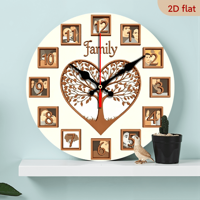 A 10-inch 2D flat wooden round wall clock, themed Family Tree Photo Frame. Suitable for bedroom, living room, office decoration. Perfect as a Father's Day or holiday gift.