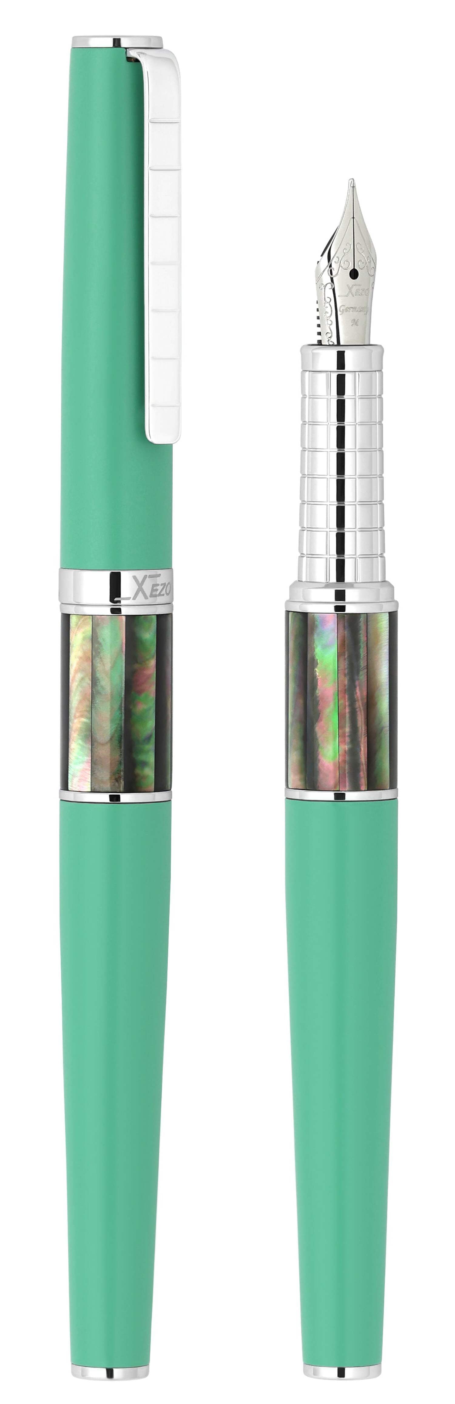 Xezo Speedmaster® Aqua Green Brass Fountain Pen (Medium Nib) - With Tahitian Black Mother of Pearl