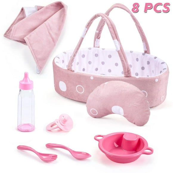 Enjoyin Juego de 8 accesorios para muñeca bebé, incluye biberón, chupete, manta, almohada, vajilla y moisés para muñecas de 9 a 12 pulgadas
