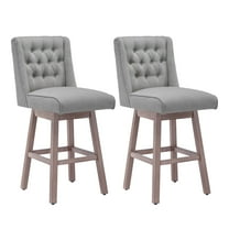 Foredo Swivel Bar Stool with Back Set of 2, Modern Linen Fabric Upholstered Bar Stools with Button Tufted Back and Solid Wood Legs for Kitchen Dining Room, Gray