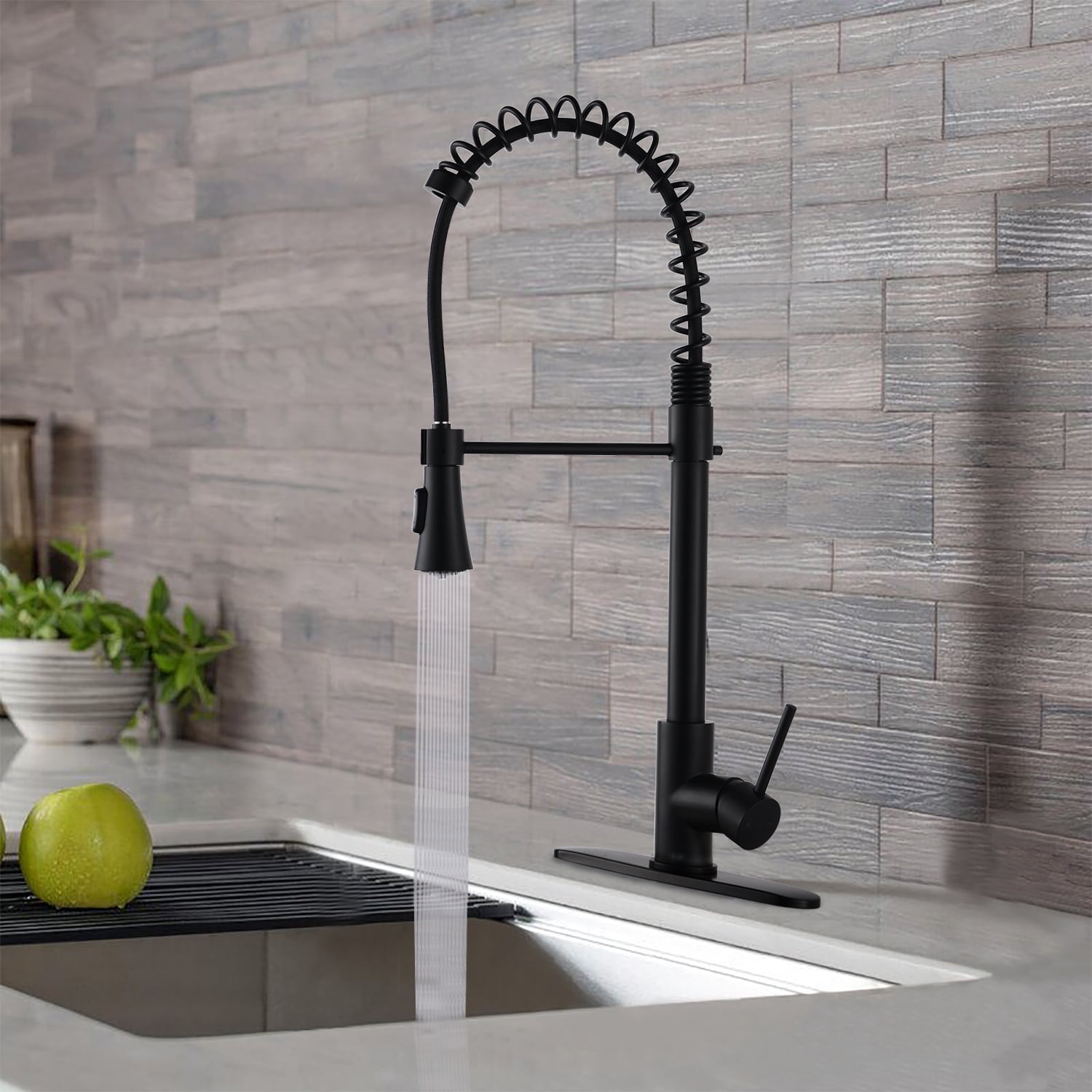Izzovium Commercial Modern Single Handle Spring High Arc Kitchen Faucet, 23.62" Height, 8" Spout Reach, 1.8GPM Flow Rate, Matte Black Stainless Steel, Pull Down Sprayer