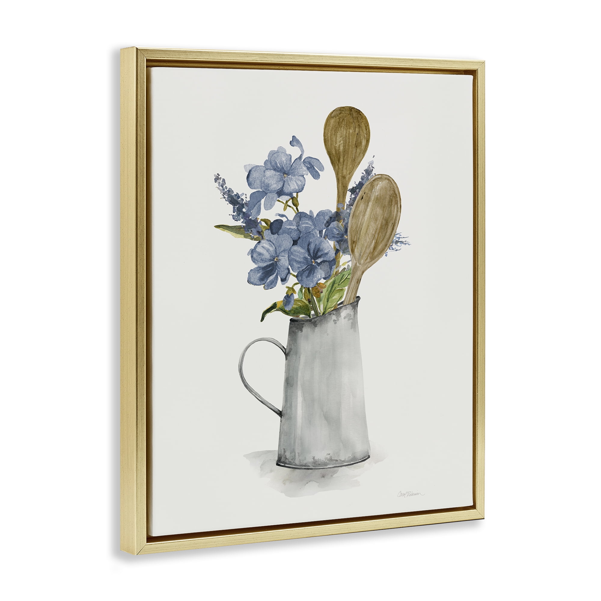 Stupell Industries Kitchen Spoons & Blue Blooms Gold Framed Floater Canvas Wall Art, design by Carol Robinson