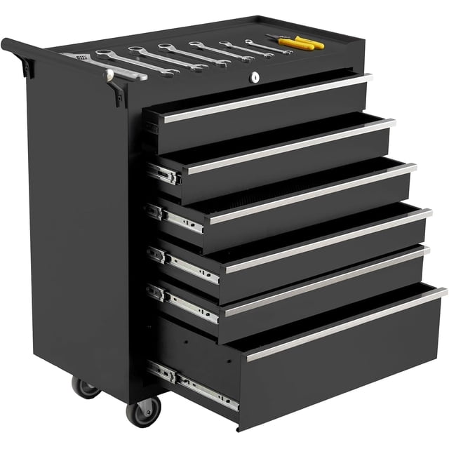 Kojooin 6-Drawer Rolling Tool Chest, Metal Tool Box Organizer with Auto Locking System, Sliding Drawers, Detachable Top, Lockable Wheels, Tool Storage Cabinet for Garage & Workshop, Black