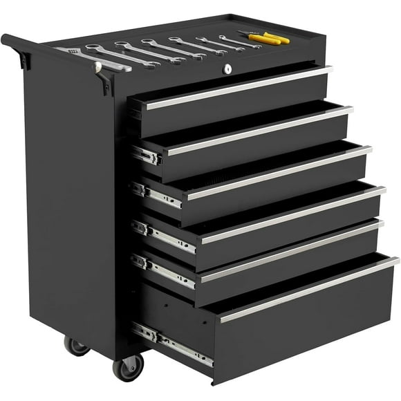 Kojooin 6-Drawer Rolling Tool Chest, Metal Tool Box Organizer with Auto Locking System, Sliding Drawers, Detachable Top, Lockable Wheels, Tool Storage Cabinet for Garage & Workshop, Black