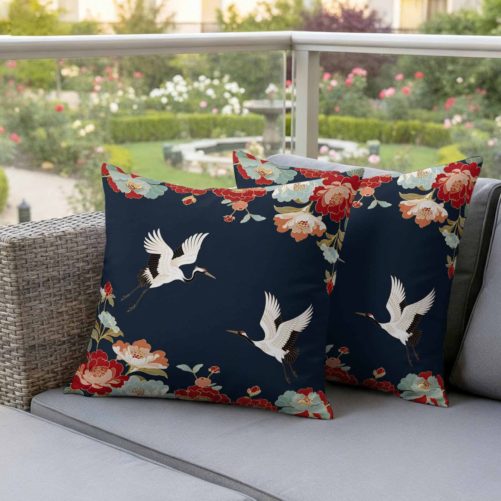 Pack of 2 Navy Blue Crane Outdoor Pillow Covers Decorative, Waterproof Pillow Protector, Vintage Red Teal Spring Floral Botanical Throw Pillowcases Accent Cushion Cases for Patio Couch Sofa 20"x20"